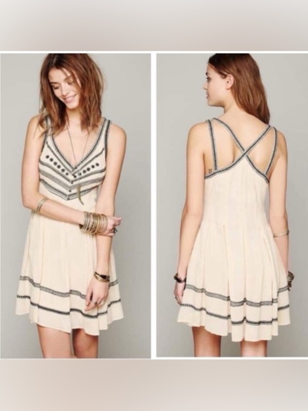 Free People Embroidered Crisscross Back Strap Mini Dress Size 2